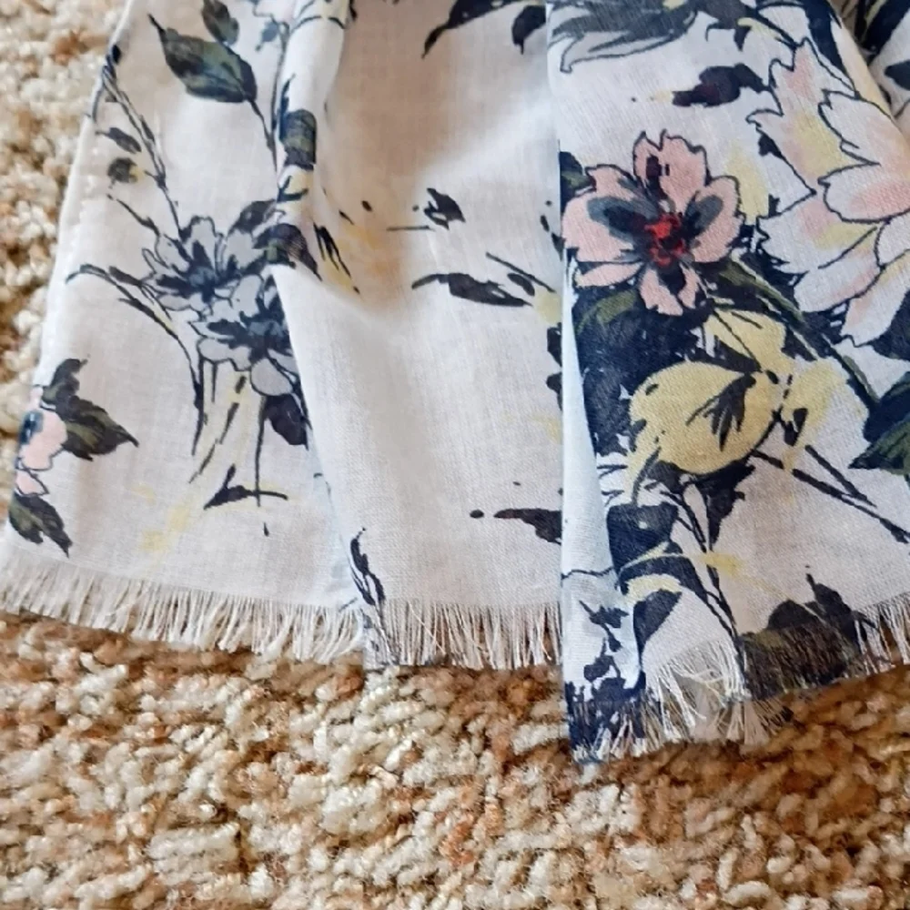 Loft Fashion White Floral Scarf with Navy & Burgundy Accents